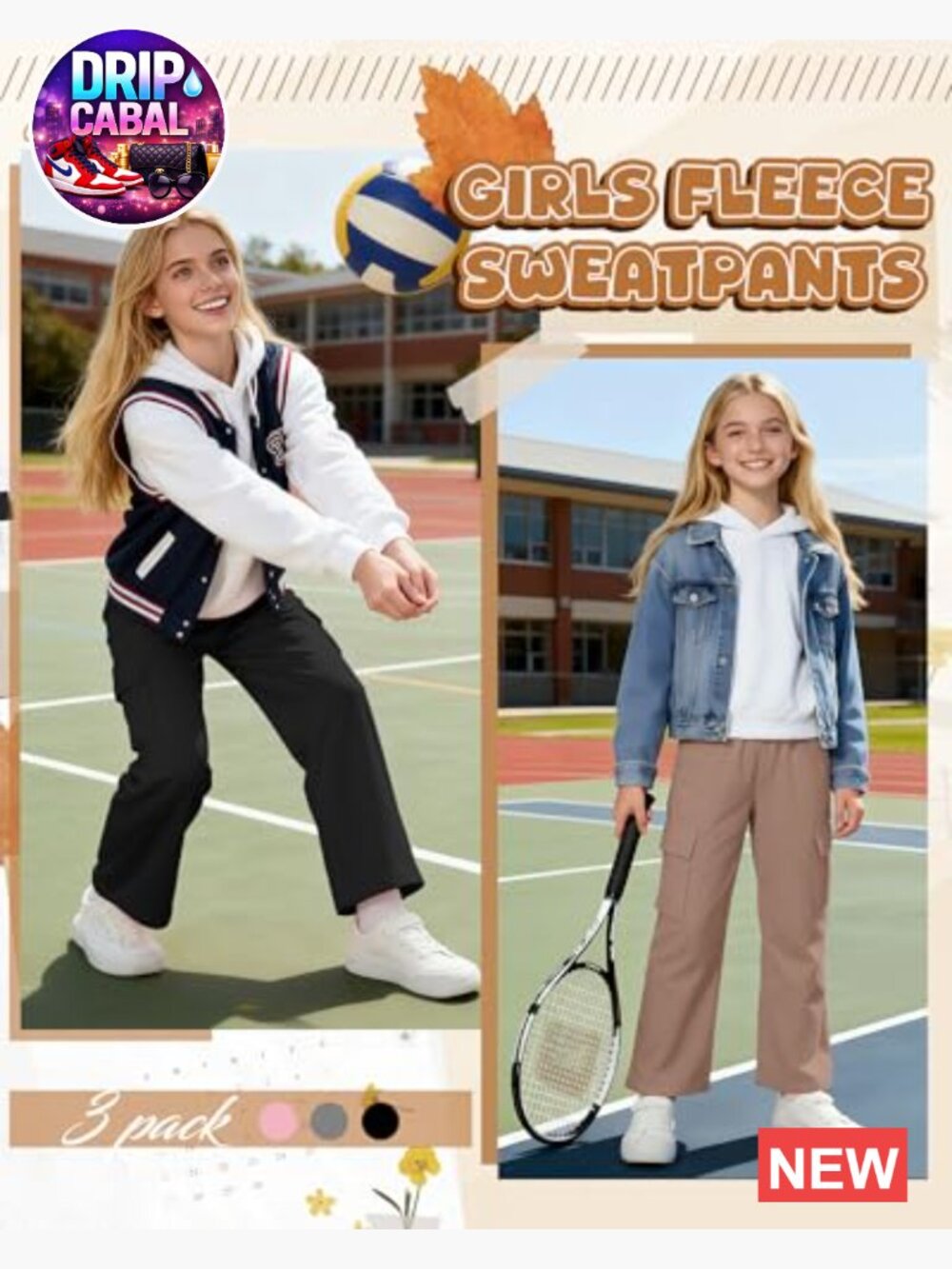 3 Pack Girls Thermal Fleece Cargo Sweatpants 5-14y 4 Pockets Wide Leg High - Picture 6 of 7